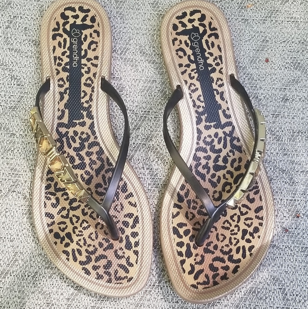 Grendha jewelled leopard print flip flops